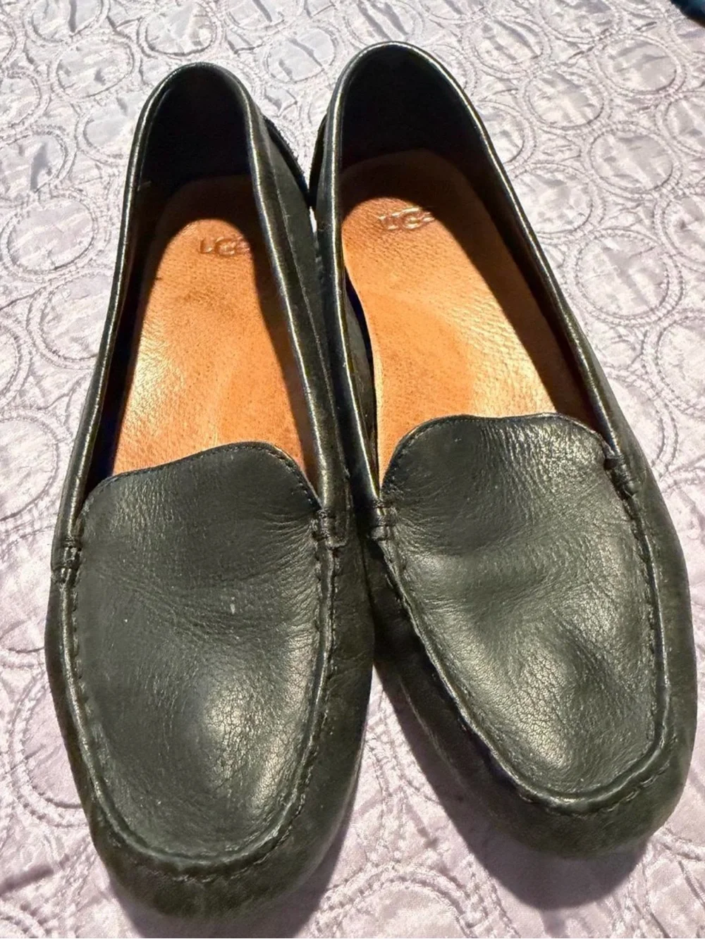 UGG Black Leather Slip-On Loafers for Women